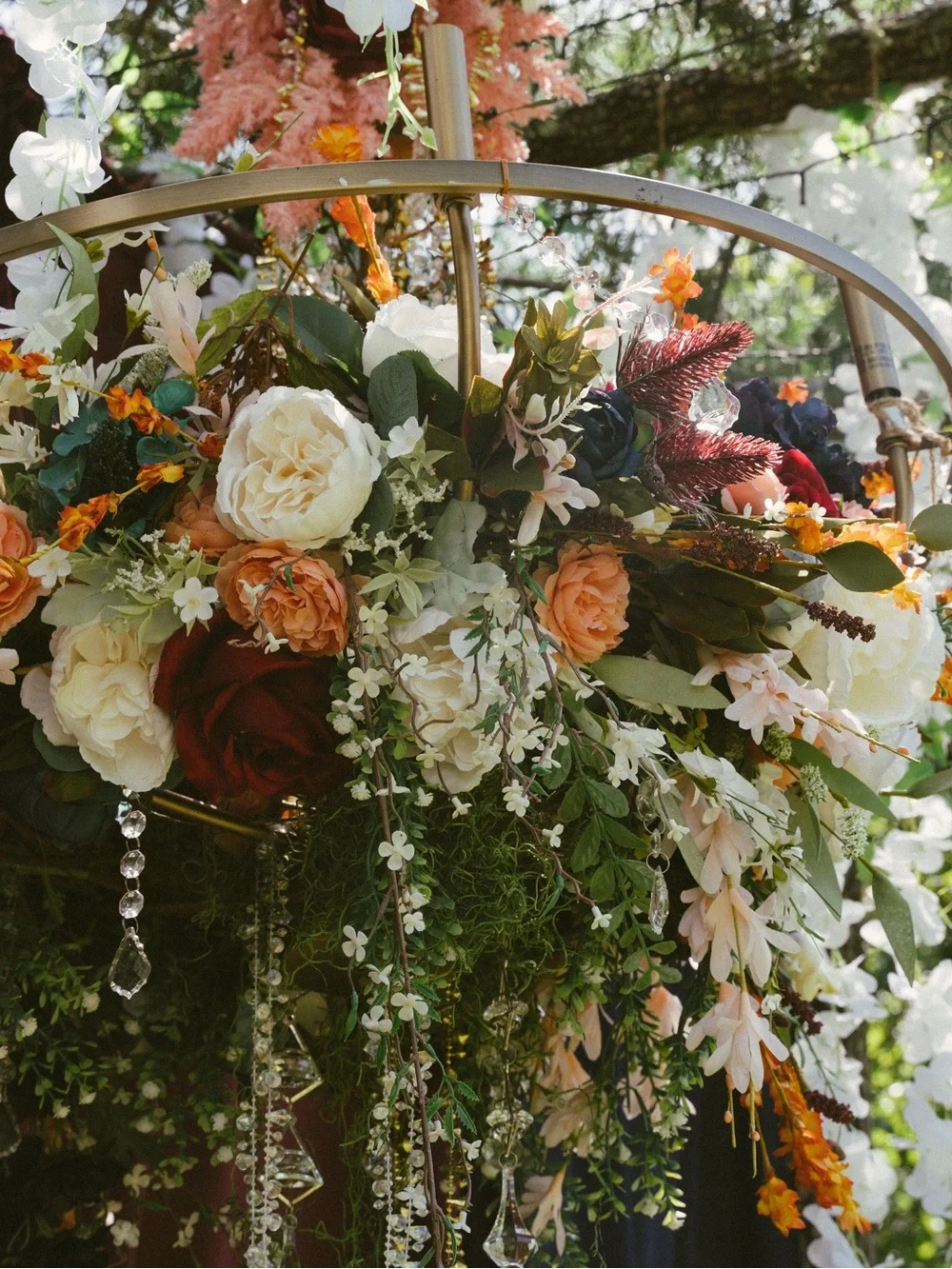 Elegant Hanging Floral Chandelier - White, Peach & Burgundy